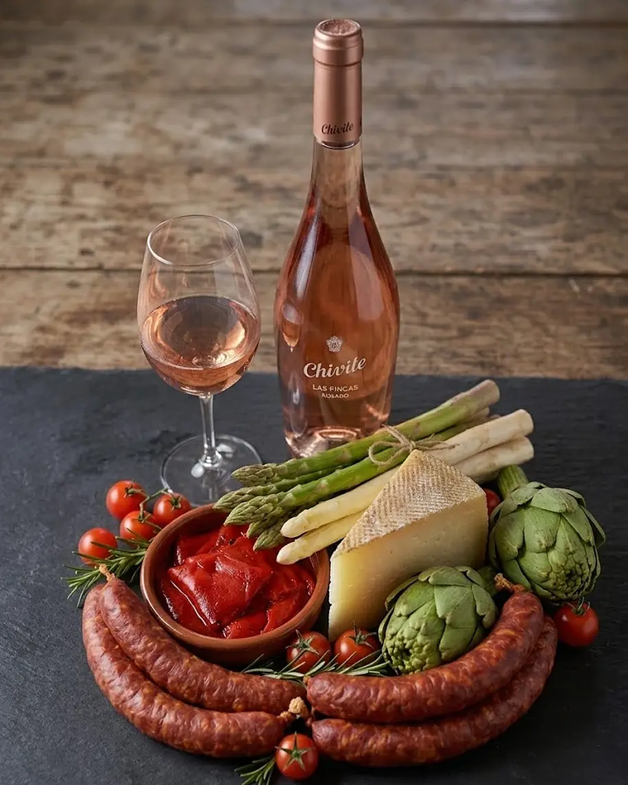 Botella de Chivite Las Fincas rosado y una copa, con espárragos, queso, piquillos, alcachofas, tomates cherry y txistorra sobre una pizarra