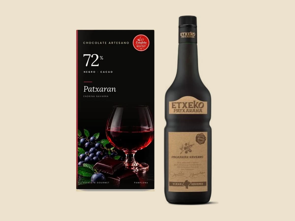 Chocolate negro 72 % al patxarán de Navarra en Dulce, con Patxarán Basarana, Baines Etiqueta Oro o Belasco